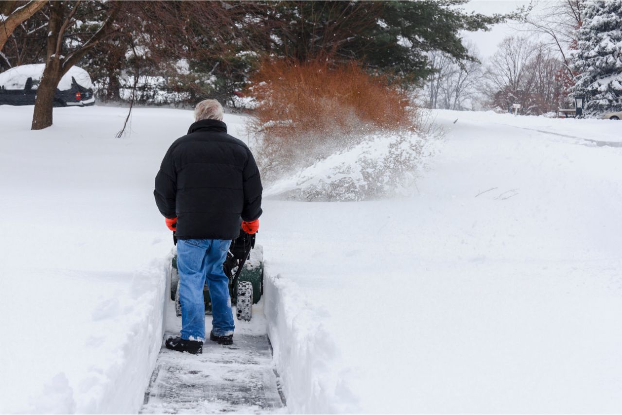 Hausmeister räumt die Straße mit dem Schneeräumer