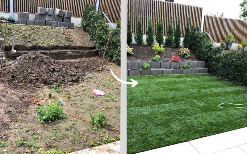 Vorher-Nachher-Bilder eines Gartens: Links der Garten im Rohzustand mit Baustellenmaterialien, rechts der fertiggestellte Garten mit frischem Rollrasen und neuen Pflanzen.